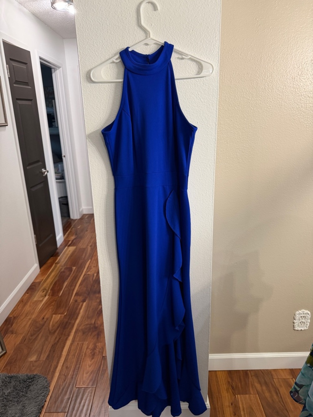 Blue High-Neck Ruffle Evening Dress